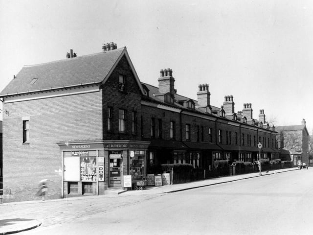 Cardigan Lane in April 1953. L & E Rutherford, newsagents  is on the corner with Stanmore Hill.