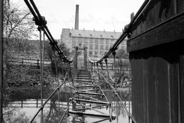 Burley Mills iron suspension bridge pictured in April 1954.