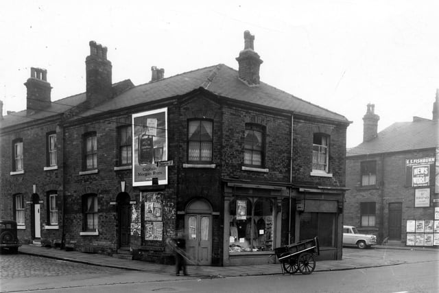 Thornton Street is on the left at the corner with Kirkstall Road pictured in October 1959. To the right is an empty shop. Next is the corner with Metcalf Street, on the right is E. Fishburn newsagent.