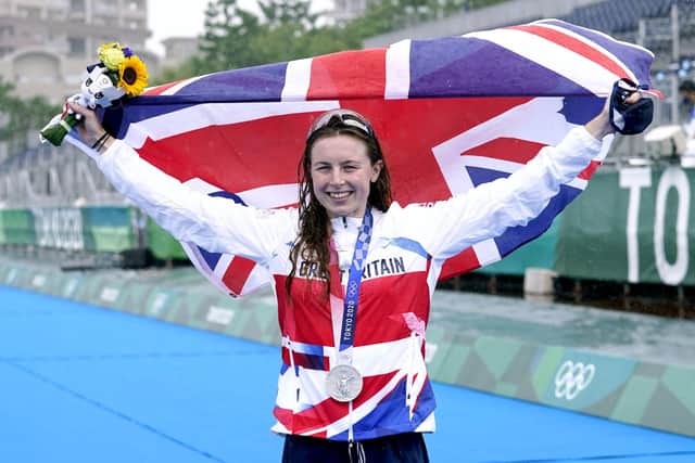 Great Britain's Georgia Taylor-Brown celebrates winning the silver medal in the women's triathlon at last year's Tokyo Olympics. Picture: Danny Lawson/PA Wire.