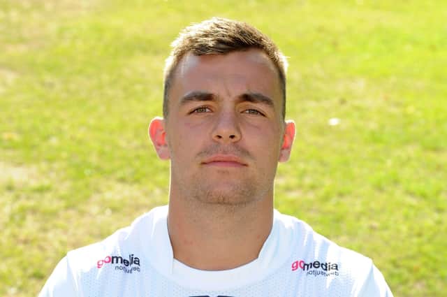 Wharfedale got the first of their eight tries in the win at Harrogate through winger Rian Hamilton. Picture: Tony Johnson.