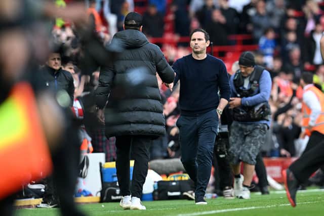 CONFIDENCE: From Everton boss Frank Lampard, right, pictured heading to shake hands with Liverpool manager Jurgen Klopp after Sunday's 2-0 Premier League defeat at Anfield. Photo by PAUL ELLIS/AFP via Getty Images.