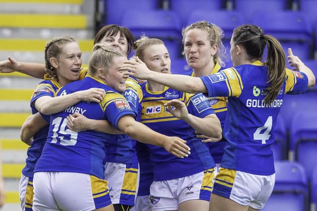 Leeds Rhinos Women celebrate their Challenge Cup semi-final victory over York City Knights Ladies. Picture: Allan McKenzie/SWpix.com.