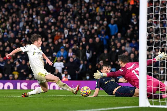 TIME TO SHINE? The final six of the games of the season could be the ideal time for young Leeds United forward Joe Gelhardt, left, pictured forcing a save in January's clash at home to Burnley. Photo by Stu Forster/Getty Images.