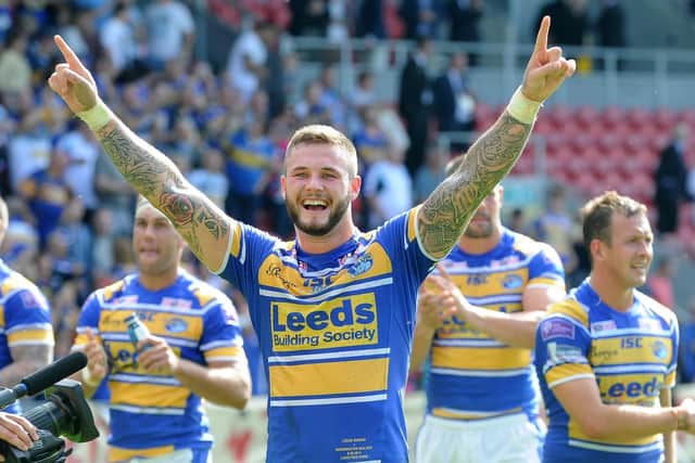 Zak Hardaker celebrates after Rhinos' Challenge Cup semi-final win over Warrington in 2014. Picture by Steve Riding.