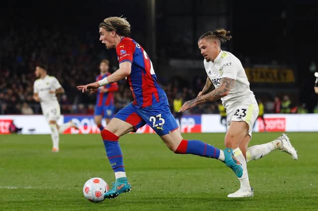 MIDFIELD BATTLE: Leeds United's Kalvin Phillips, right, looks to hunt down Crystal Palace's Chelsea loanee Conor Gallagher in Monday night's Premier League clash at Selhurst Park. Photo by IAN KINGTON/AFP via Getty Images.