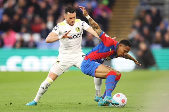 Jack Harrison challenges Nathaniel Clyne during Leeds United's 0-0 draw with Crystal Palace. Pic: Warren Little.