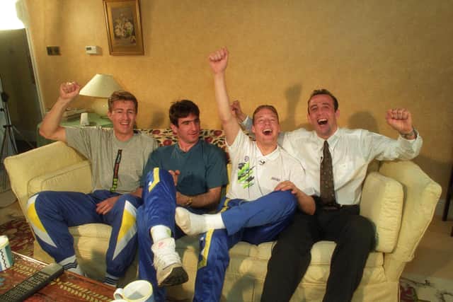 Lee Chapman, Eric Cantona, David Batty and Gary McAllister celebrate winning the First Division title.