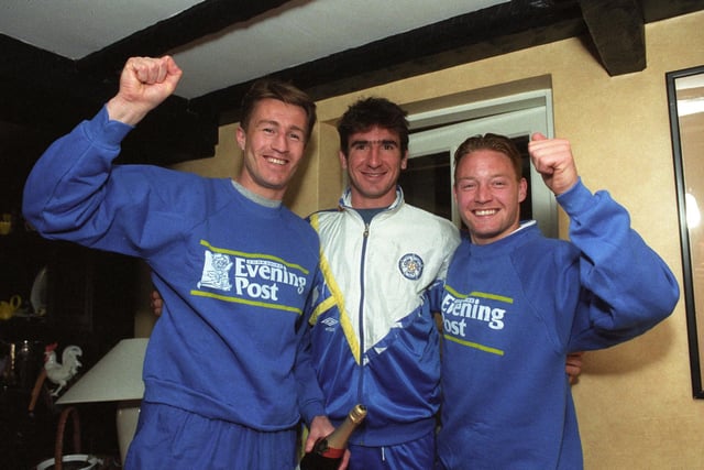 Lee Chapman, Eric Cantona and David Batty celebrate after the Whites' victory over Sheffield United.