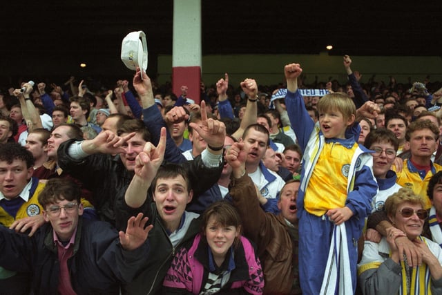 Leeds United fans celebrate the Whites' win.