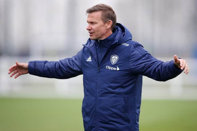 Leeds United boss Jesse Marsch takes charge of training at Thorp Arch. Pic: George Wood.