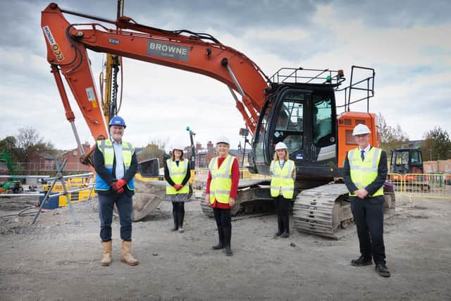From left: Paul Cleminson, BAM Construction NE Pre-Construction Director; Emma Payne, senior biomedical scientist; Dame Linda Pollard, chair of Leeds Teaching Hospitals NHS Trust; Ionna Fasidaki higher level support worker; Julian Hartley, Chief Executive, Leeds Teaching Hospitals NHS Trust.