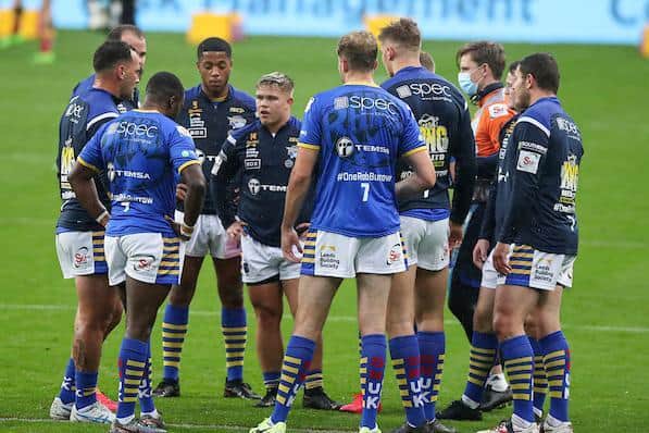 Harvey Whiteley, fifth from left facing camera, makes a point during a first team call-up for Rhinos against Catalans in 2020. Picture by Paul Currie/SWpix.com.