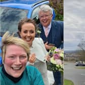 Sharon Harland, 50, pictured with the bride and her father after she found them stranded on Leeds Road, Otley