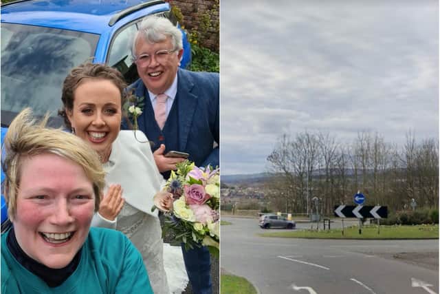 Sharon Harland, 50, pictured with the bride and her father after she found them stranded on Leeds Road, Otley
