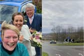 Sharon Harland, 50, pictured with the bride and her father after she found them stranded on Leeds Road, Otley