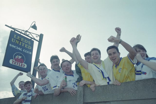 Whites fans celebrate at the Leeds United Social Club.