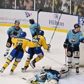 MAGIC MOMENT: Matty Davies, far right, celebrates Cole Shudra's late winner for Leeds Knights against Sheffield Steeldogs in January. 
Picture: Bruce Rollinson.