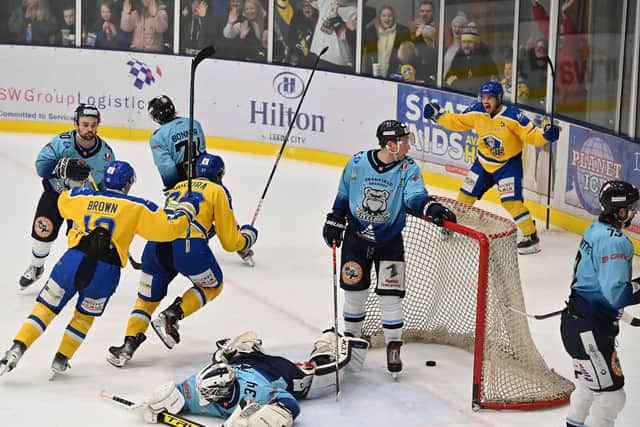 MAGIC MOMENT: Matty Davies, far right, celebrates Cole Shudra's late winner for Leeds Knights against Sheffield Steeldogs in January. 
Picture: Bruce Rollinson.