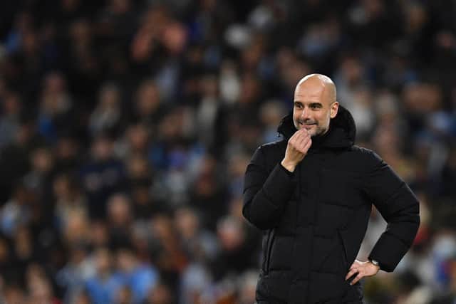 PROUD: Pep Guardiola, above, had nothing but praise for his Manchester City side following Tuesday night's thrilling 4-3 success against Real Madrid in the Champions League semi-final first leg. Photo by OLI SCARFF/AFP via Getty Images.