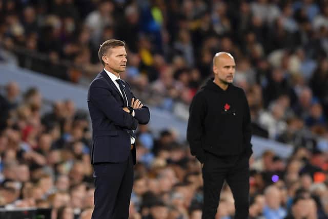 STANCE: Jesse Marsch [left] and Pep Guardiola [right] watch on as RB Leipzig lose 6-3 at Manchester City's Etihad Stadium (Photo: Vincent Mignott/DeFodi Images via Getty Images)