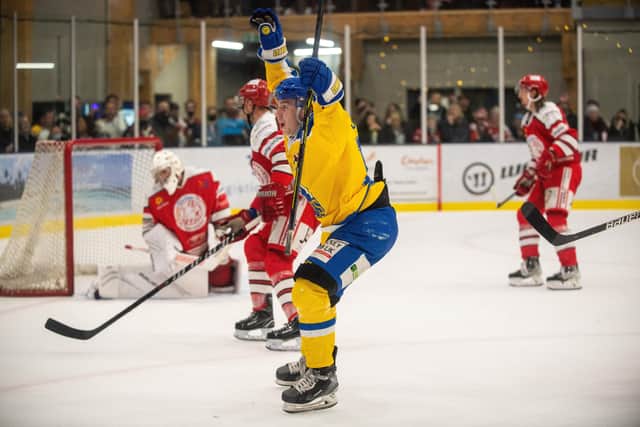 HIGHLIGHT REEL MOMENT: Kieran Brown celebrates scoring his second goal for 
Leeds Knights in the Autumn Cup Final against Swindon Wildcats, putting leeds ahead on aggregate. Picture: Bruce Rollinson