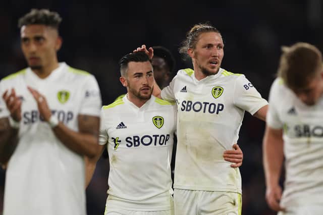 PALACE POINT: Leeds United duo Jack Harrison, left, and Luke Ayling, right, after Monday night's goalless draw against Crystal Palace at Selhurst Park.
Photo by Julian Finney/Getty Images.