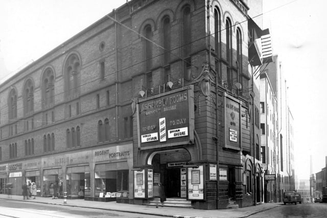 The Assembly Rooms cinema on New Briggate in February 1944. The side entrance to the Grand Theatre can be seen on the right.