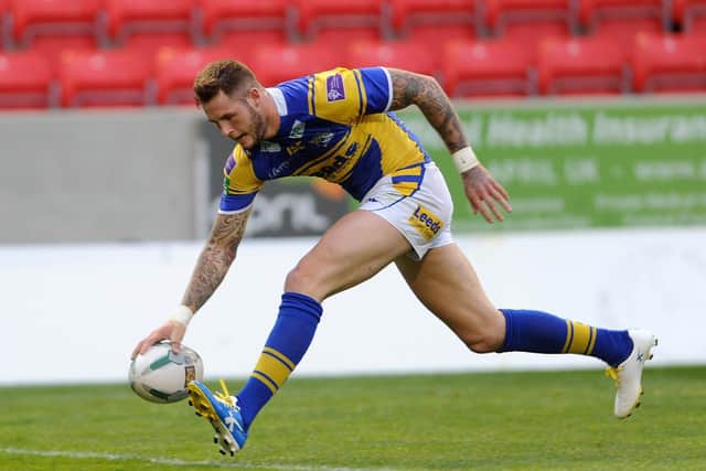 Zak Hardaker scores during his previous spell with Rhinos. Picture by Steve Riding.