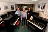 The Piano Man owner Mark Crossland, centre, pictured with tuner David Broadhead, left, and musical advisor Oliver Barker, right (Photo: Simon Hulme)