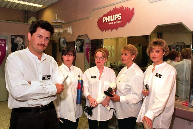 This is manager Mark Betts and some of his staff at Philips Hair Salon within Asda at Morley pictured in June 1996.