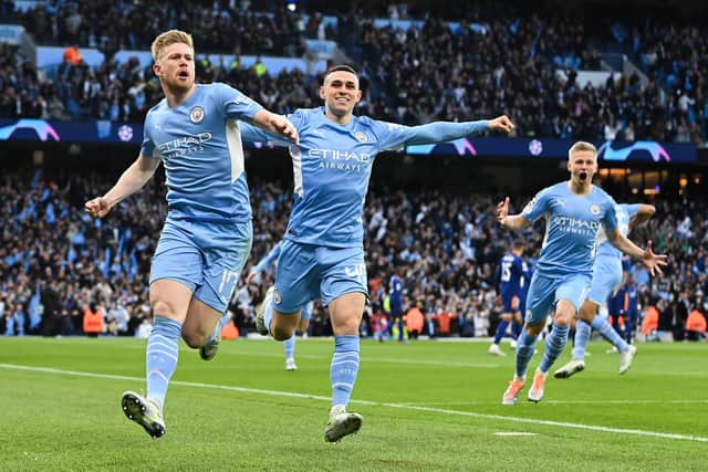 Kevin de Bruyne celebrates scoring during Manchester City's 4-3 Champions League semi-final victory over Real Madrid. Pic: David Ramos.