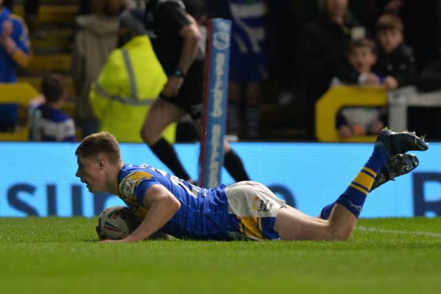 Over the line: Morgan Gannon scores the Rhinos' second try.
  Picture: Bruce Rollinson