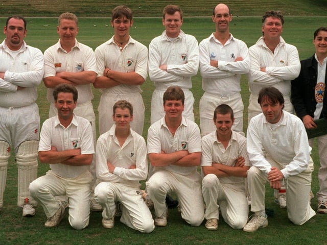 Otley Town CC of Division 2 pictured in August 1996. Back row, from left, are Richard Benson, Mick Lawrence, Nick McNeice, Phil Empson, Bernard Thornton, Tony Smith, and Ross Barron (scorer). Front row, from left, are Andy Nichols (captain), Jonathan McGee, Neil Ives, Graham Russell, and Peter Brogan.