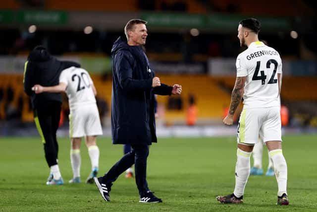 Leeds United boss celebrates with a buoyant Sam Greenwood after the young striker stepped off the bench to assist the equaliser during the Whites' 3-2 comeback win against Wolves at Molineux. Pic: Naomi Baker.