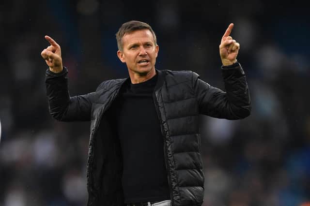 FOUR GAMES LEFT: Whites boss Jesse Marsch, above, gestures to supporters after Saturday evening's 4-0 defeat against Manchester City at Elland Road.
Photo by OLI SCARFF/AFP via Getty Images.