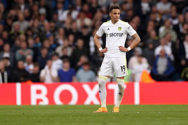 Rodrigo looks dejected after Gabriel Jesus scores Manchester City's third goal. Pic: Lewis Storey.