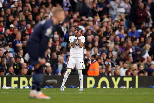 Leeds United winger Raphinha looks dejected during the Whites' 4-0 defeat to Manchester City. Pic: Lewis Storey.