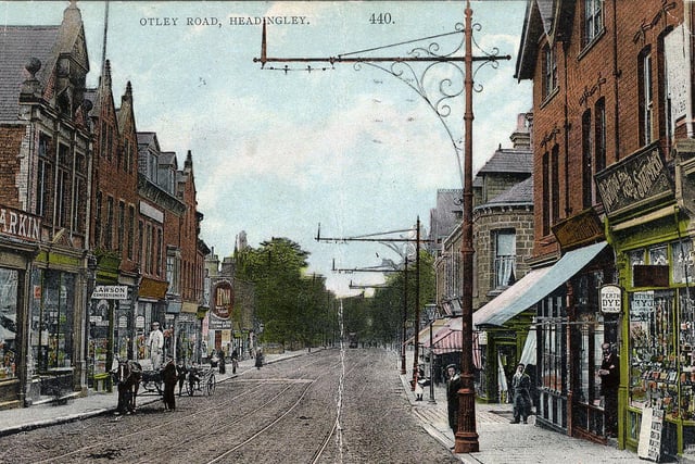 A colour-tinted postcard of Otley Road in Headingley looking north-west with a date of March 7, 1923, stamped on the back.