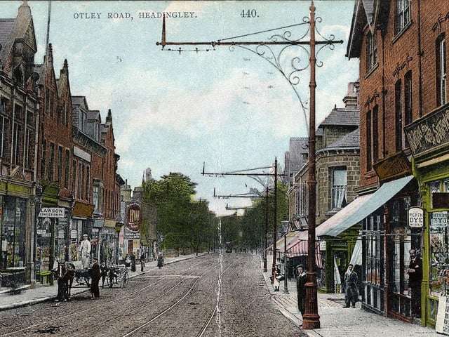 A colour-tinted postcard of Otley Road in Headingley looking north-west with a date of March 7, 1923, stamped on the back.