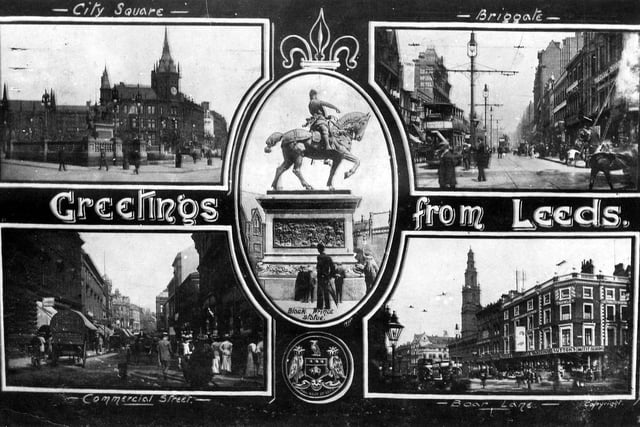 A multi-view postcard of Leeds city centre landmarks with a postmark of March 17 1910Pictured in the middle is the Black Prince Statue while around the outside are (clockwise from top left) City Square, Briggate, Boar Lane and Commercial Street.