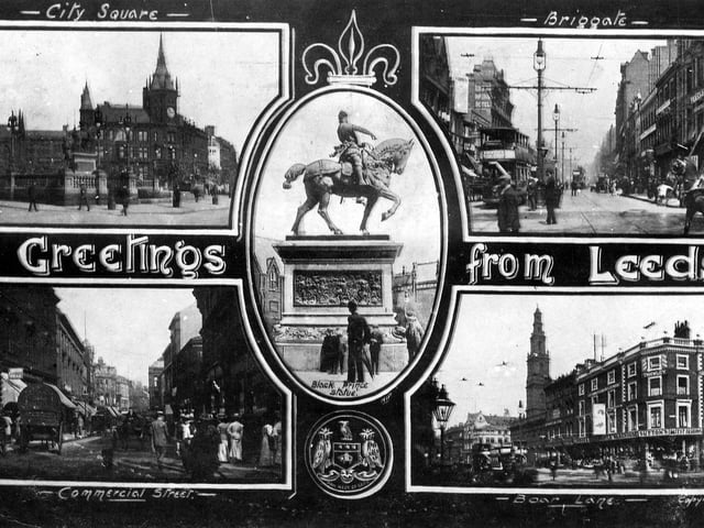 A multi-view postcard of Leeds city centre landmarks with a postmark of March 17 1910Pictured in the middle is the Black Prince Statue while around the outside are (clockwise from top left) City Square, Briggate, Boar Lane and Commercial Street.