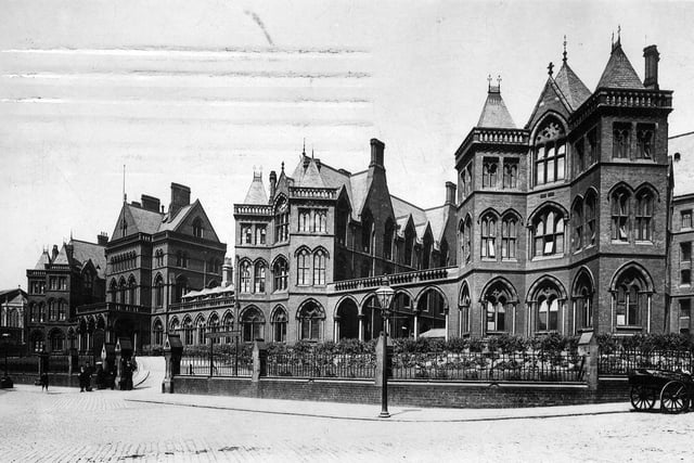 A postcard of Leeds General Infirmary with a postdate of Christmas Eve 1909. This shows the original buildings on Great George Street, seen from the junction with St. James' Street.