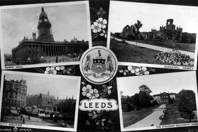 A multi-view postcard with a postdate of March 14, 1914. The four images featured are, top left, the Town Hall; top right, Kirkstall Abbey; bottom left, City Square; and bottom right, the Mansion at Roundhay Park.
