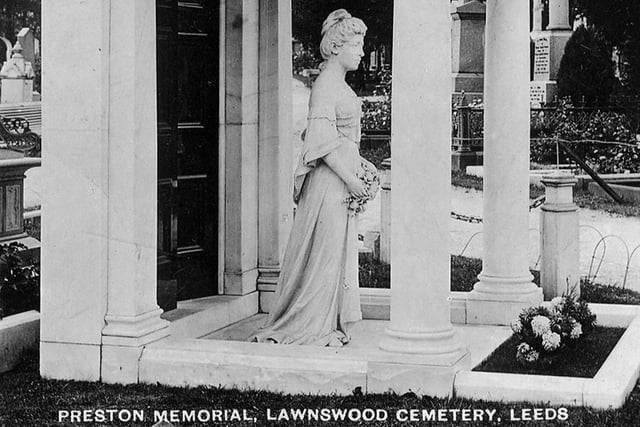 An undated postcard showing the grave and memorial to Ethel Preston located in Lawnswood Cemetery. Ethel Preston, who died on March 24, 1911 aged 50 years, was the wife of Walter Preston of The Grange, Beeston.