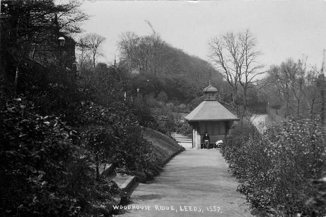 A postcard view of Woodhouse Ridge with a postmark of March 23, 1913. A footpath leads to a shelter in the centre while another path leads up a flight of steps to the left.