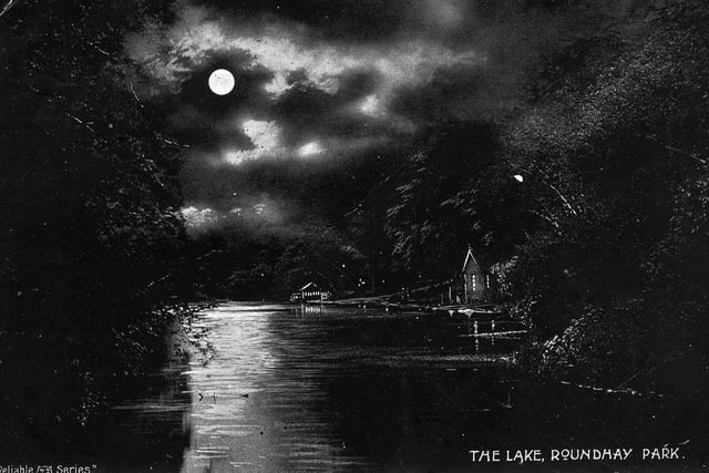 A postcard view showing Waterloo Lake in Roundhay Park by night. The postcard has a postmark of March 13, 1906.
