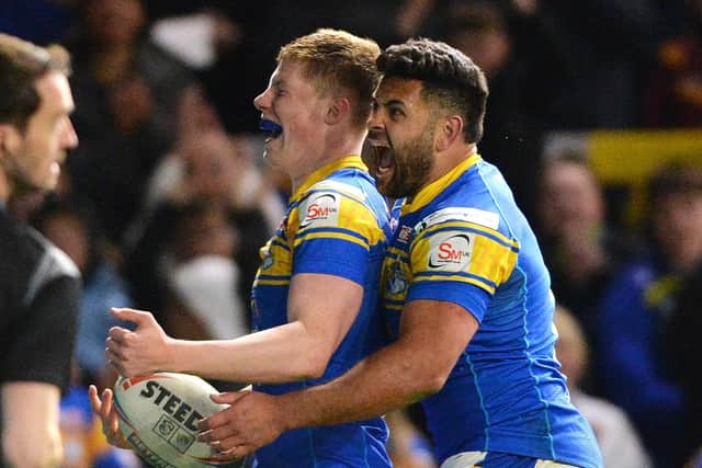Morgan Gannon celebrates scoring Leeds Rhinos' second try against Hull KR. Picture: Bruce Rollinson.