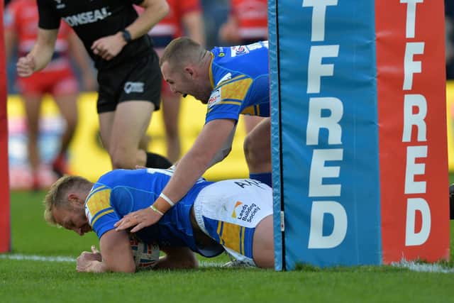 Matt Prior scores Leeds Rhinos' opening try against Hull KR. Picture: Bruce Rollinson.