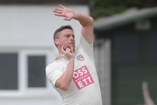 Ossett bowler Dan Busfield runs in during the Priestley Cup clash with Pudsey St Lawrence. Picture: Steve Riding.